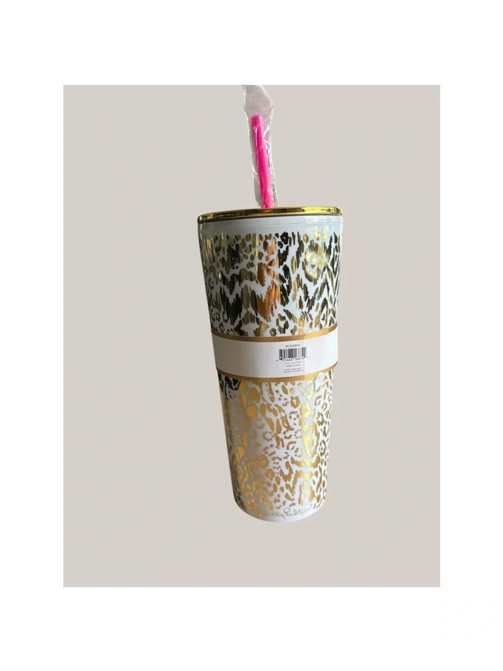 Lilly Pulitzer Gold Leopard 24 oz Tumbler with Pink Straw
